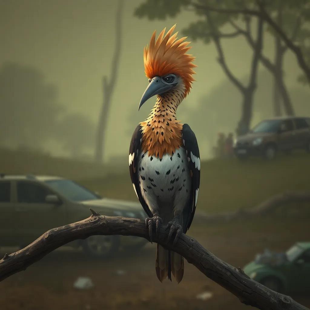 A sad hoopoe bird sitting on a branch, overwhelmed by worries about the nature reserve with some cars and trash in the background, digital art, muted tones, emotional depth