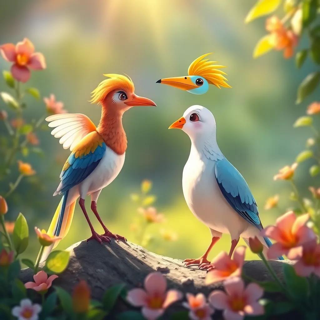A beautiful dove talking to the hoopoe and its friend, with a hint of sunlight shining and colorful flowers around, illustration, serene atmosphere, bright colors