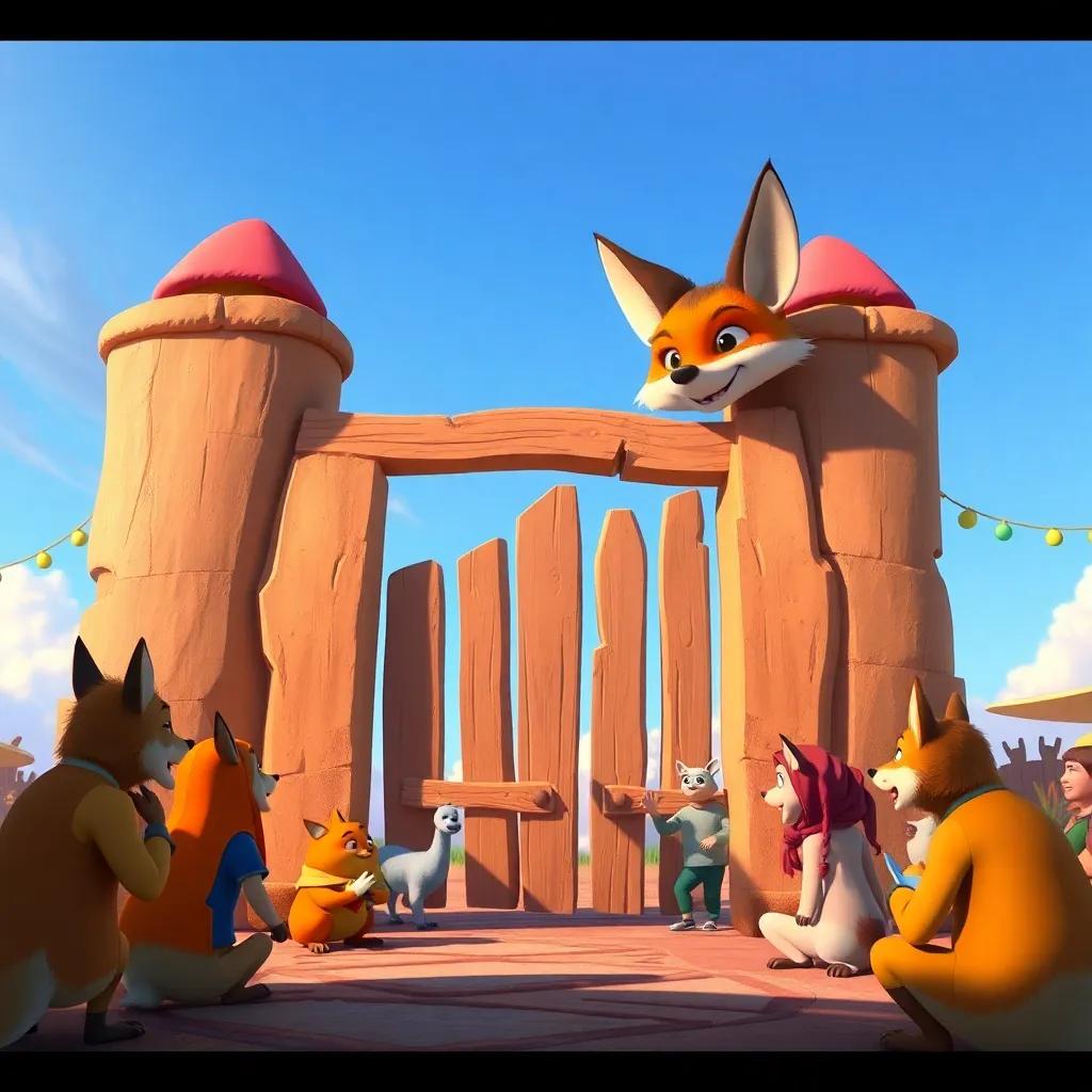 A wise fox with a knowing expression designing a clever gate, surrounded by friends discussing plans for a festival, digital art, clear blue sky, warm colors, vibrant scene