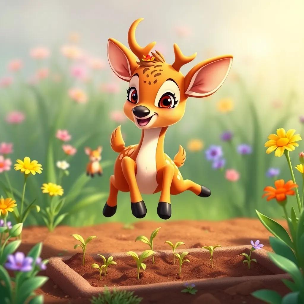 A cute deer happily jumping around, planting seeds in the garden with friends, joyful expression, bright flowers in the background, cheerful illustration, rich colors