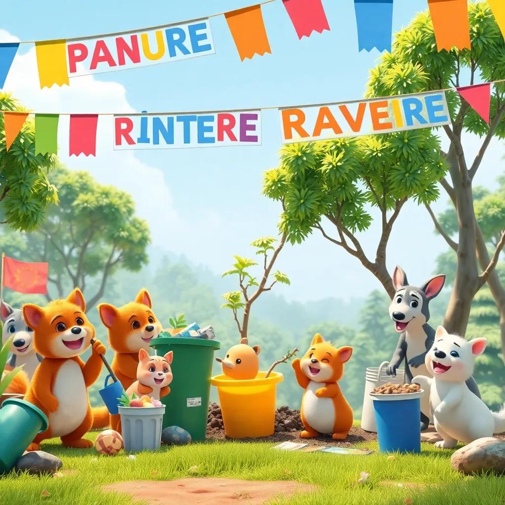 A lively scene of animals cleaning up trash and planting trees in the nature reserve, with colorful banners, digital art, energetic atmosphere, bright colors