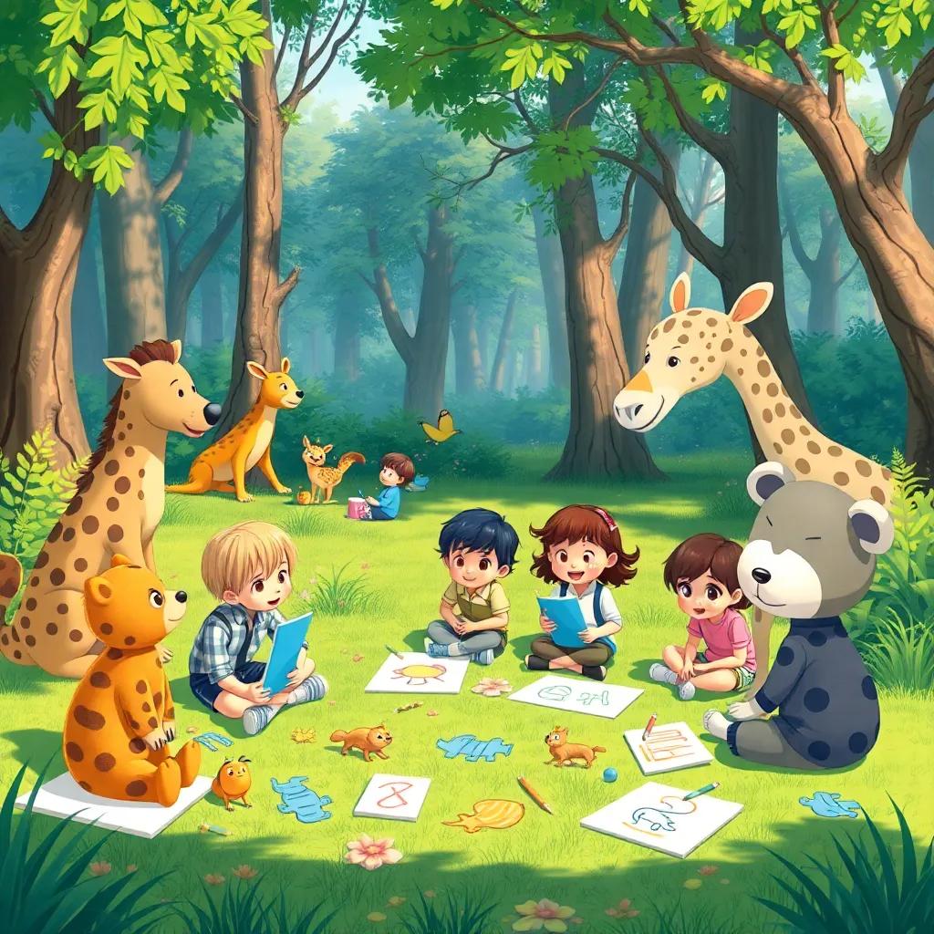 A group of children and animals playing in the nature reserve, drawing and having fun together, illustration, cheerful ambiance, colorful drawings scattered around
