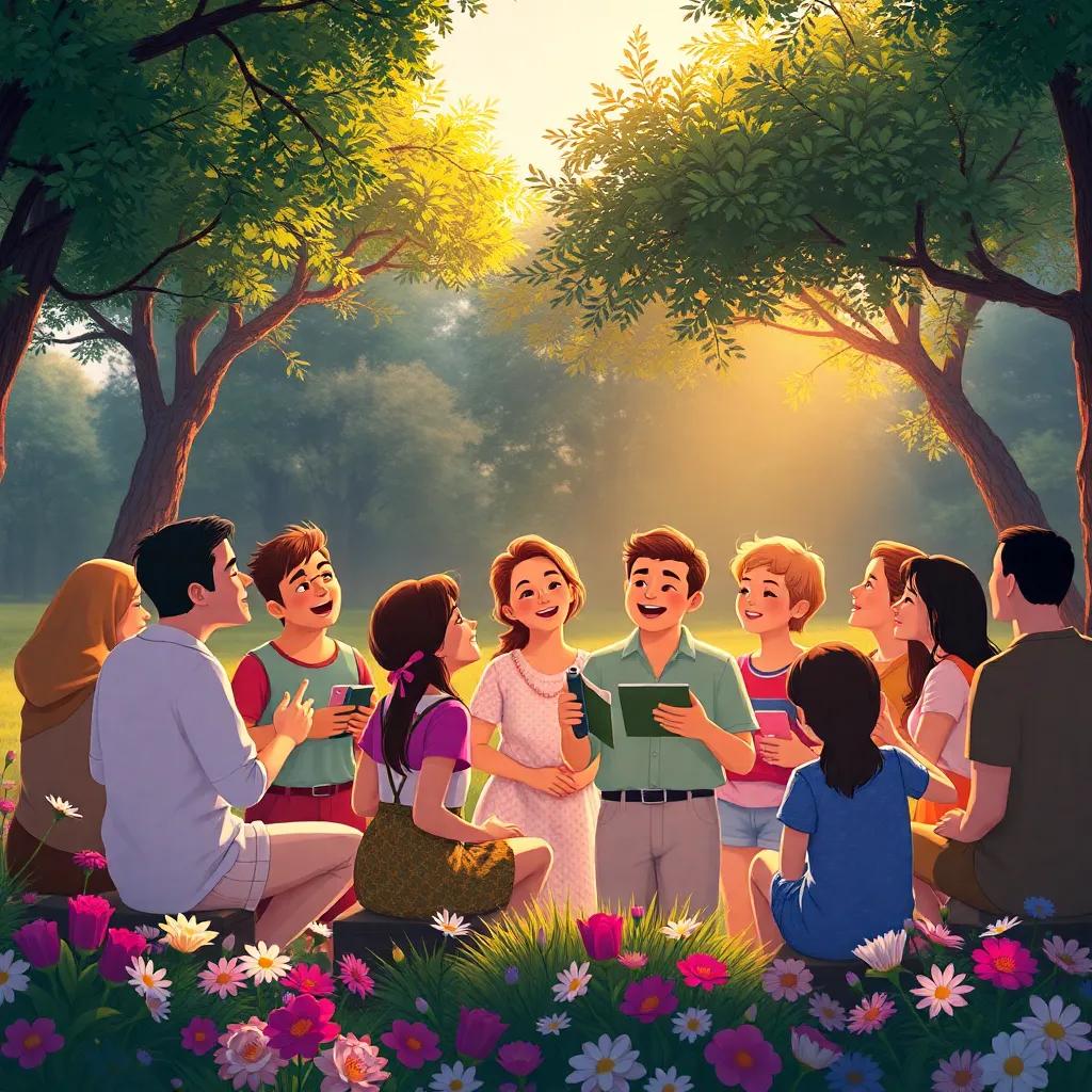 A gathering of friends singing together in the nature reserve, illuminated by the sun, surrounded by trees and flowers, digital art, lively colors, heartwarming atmosphere