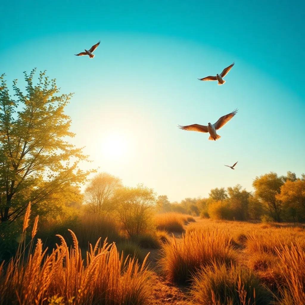 A bright and beautiful morning in a nature reserve, with blue skies and birds flying, digital art, warm colors, cheerful atmosphere, high quality