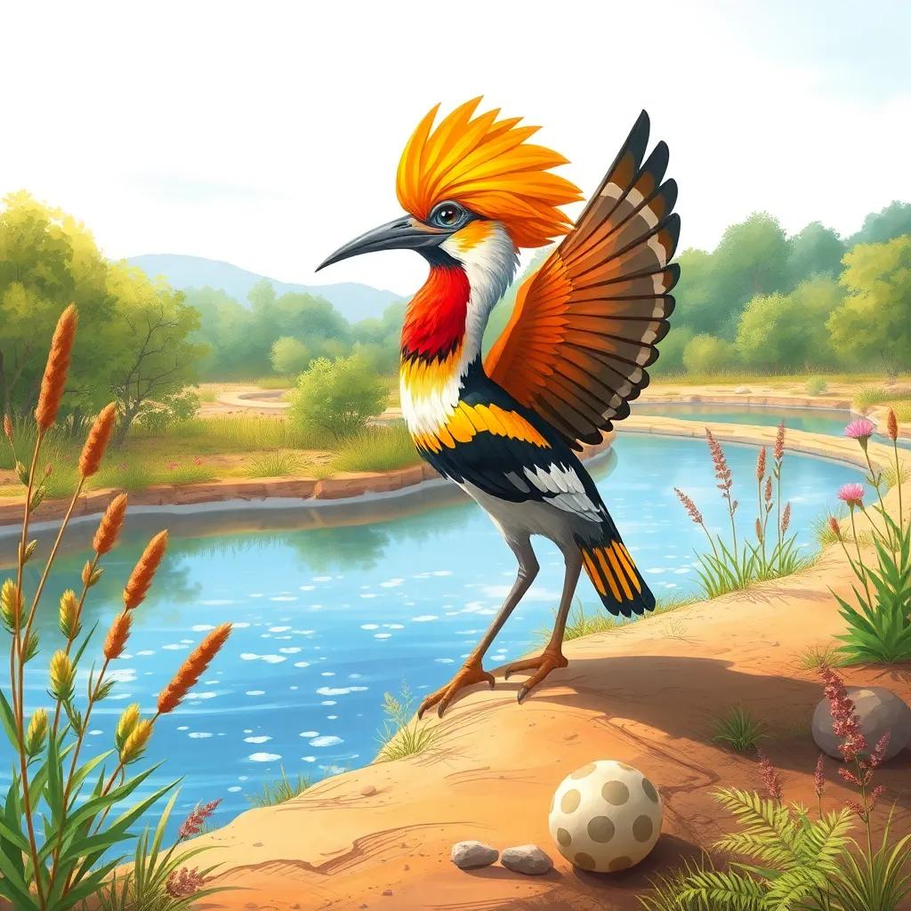 A hoopoe bird working on creating a race track in the nature reserve, surrounded by wild plants and a sparkling lake, detailed illustration, vibrant colors, nature-focused, child-friendly