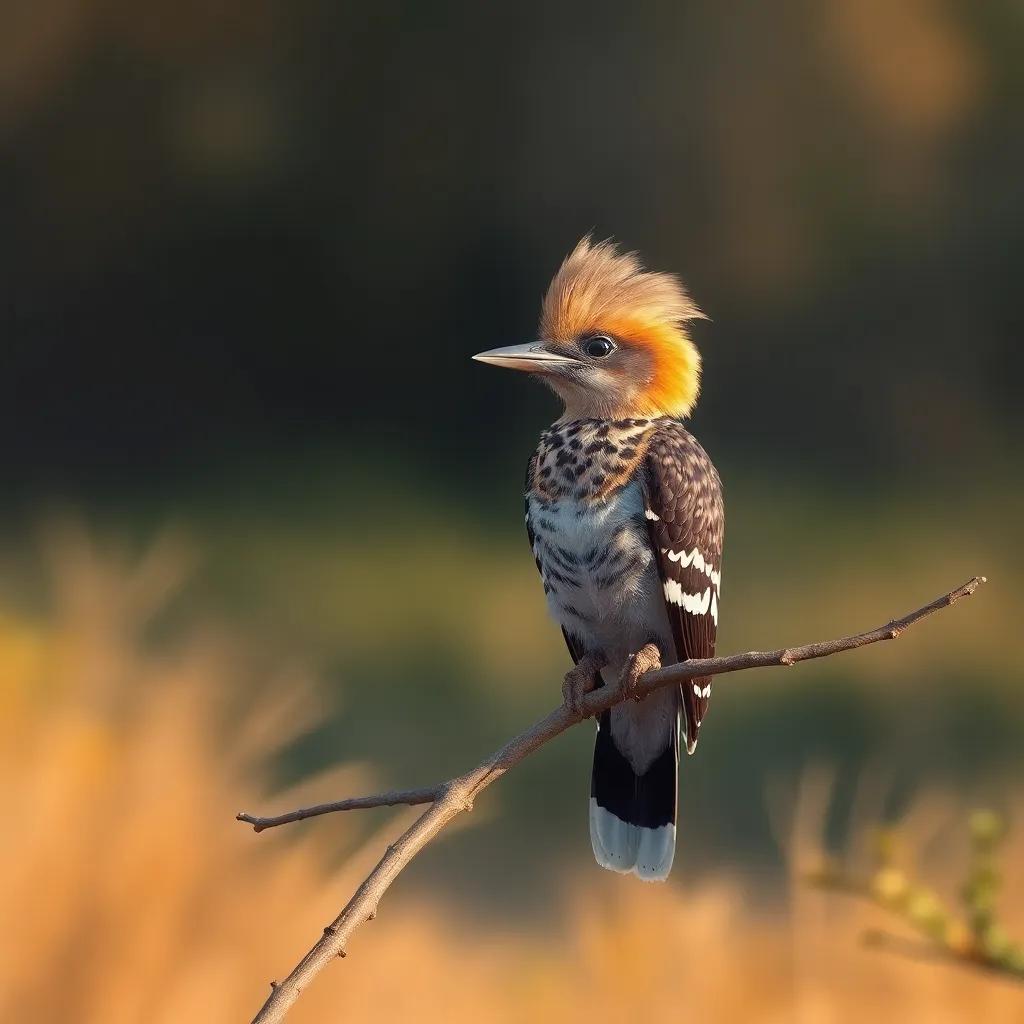 A sad hoopoe sitting on a small branch, looking at people damaging the reserve with cars, expression of concern, digital painting, emotional scene, warm light, high quality