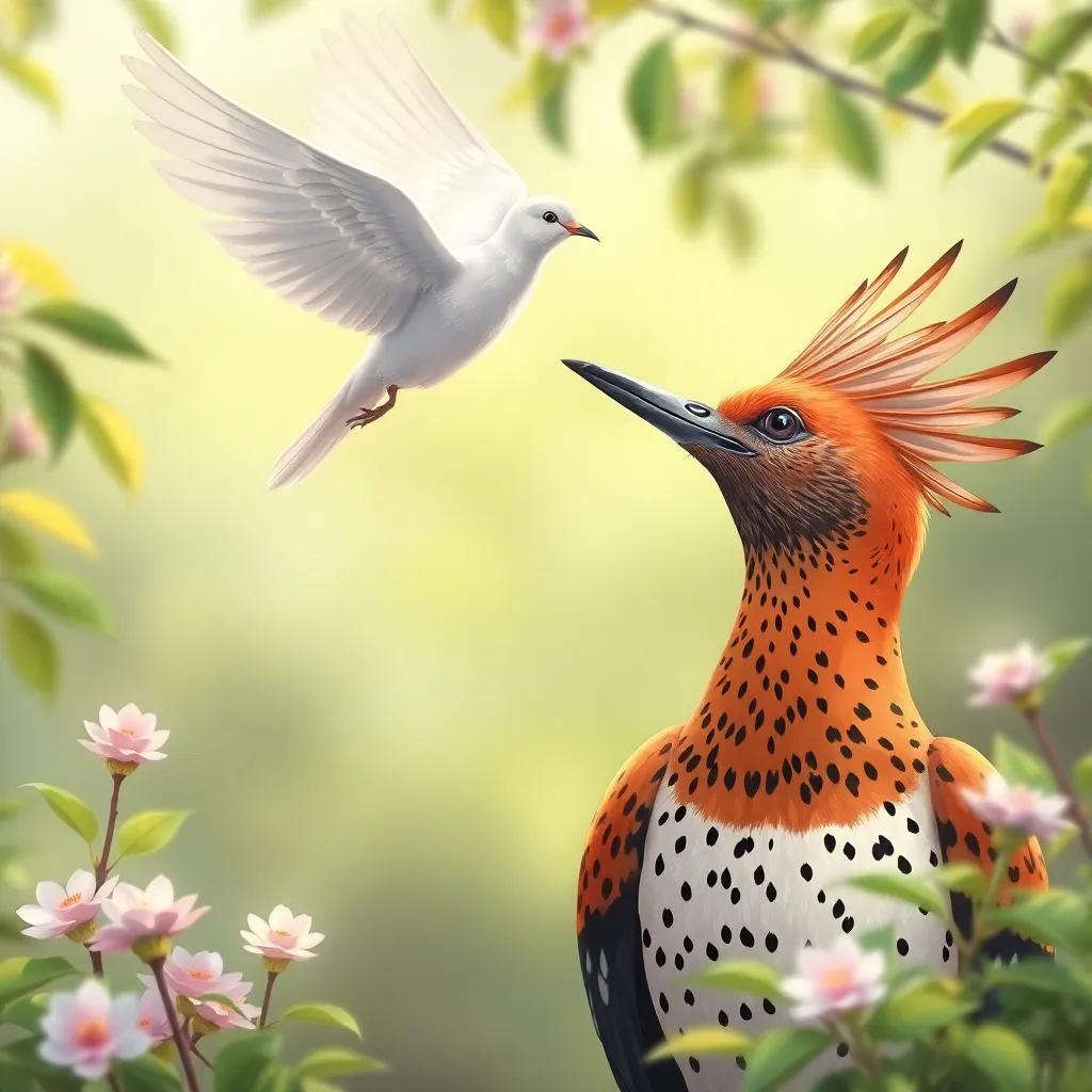 A gentle dove flying above, talking to the hoopoe and Um Salem with a soothing smile, surrounded by nature, illustration, calming colors, friendly atmosphere, high quality