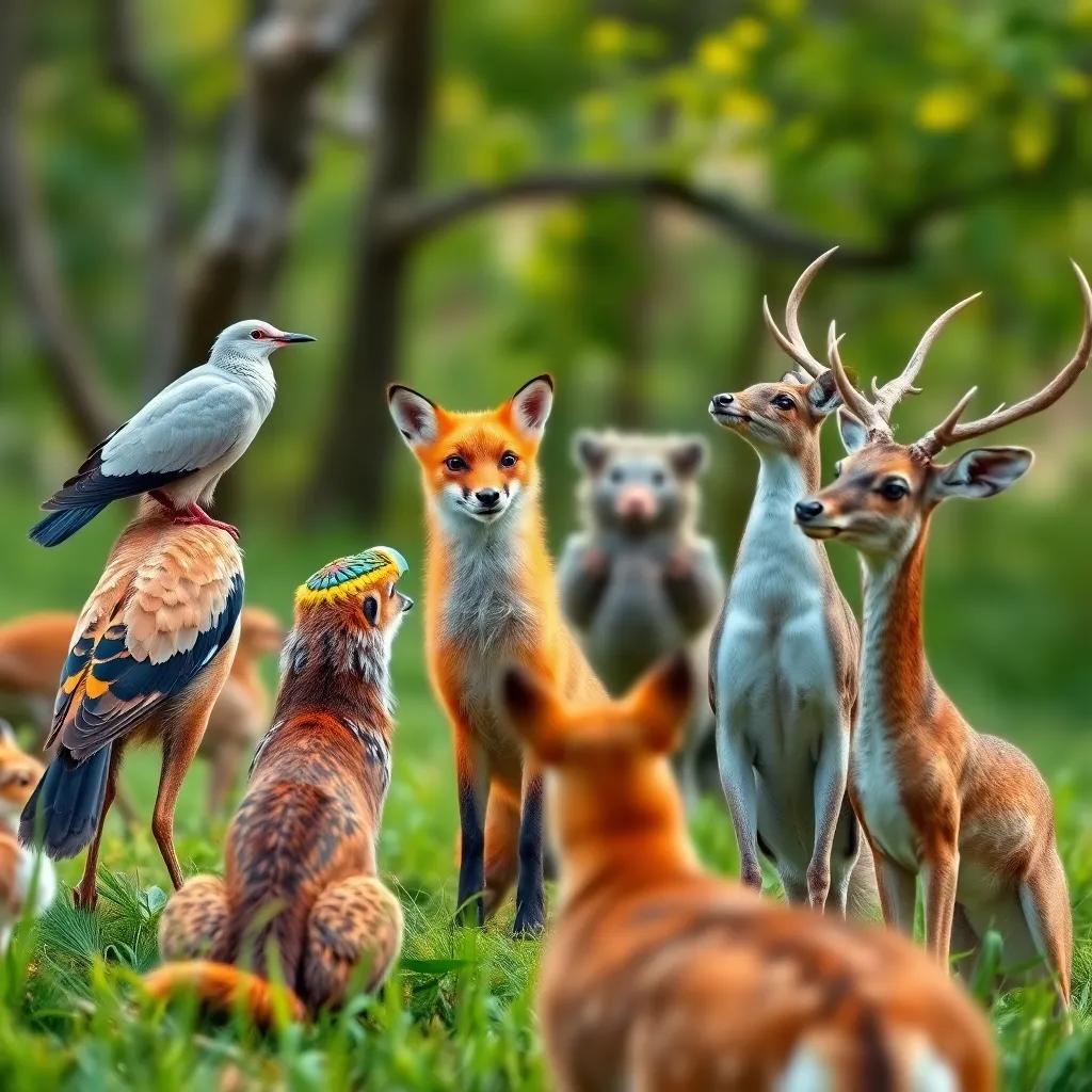A gathering of animals discussing a meeting to protect the reserve, including the dove, hoopoe, fox, and deer, vibrant colors, engaging scene, digital art, friendly interaction, high quality