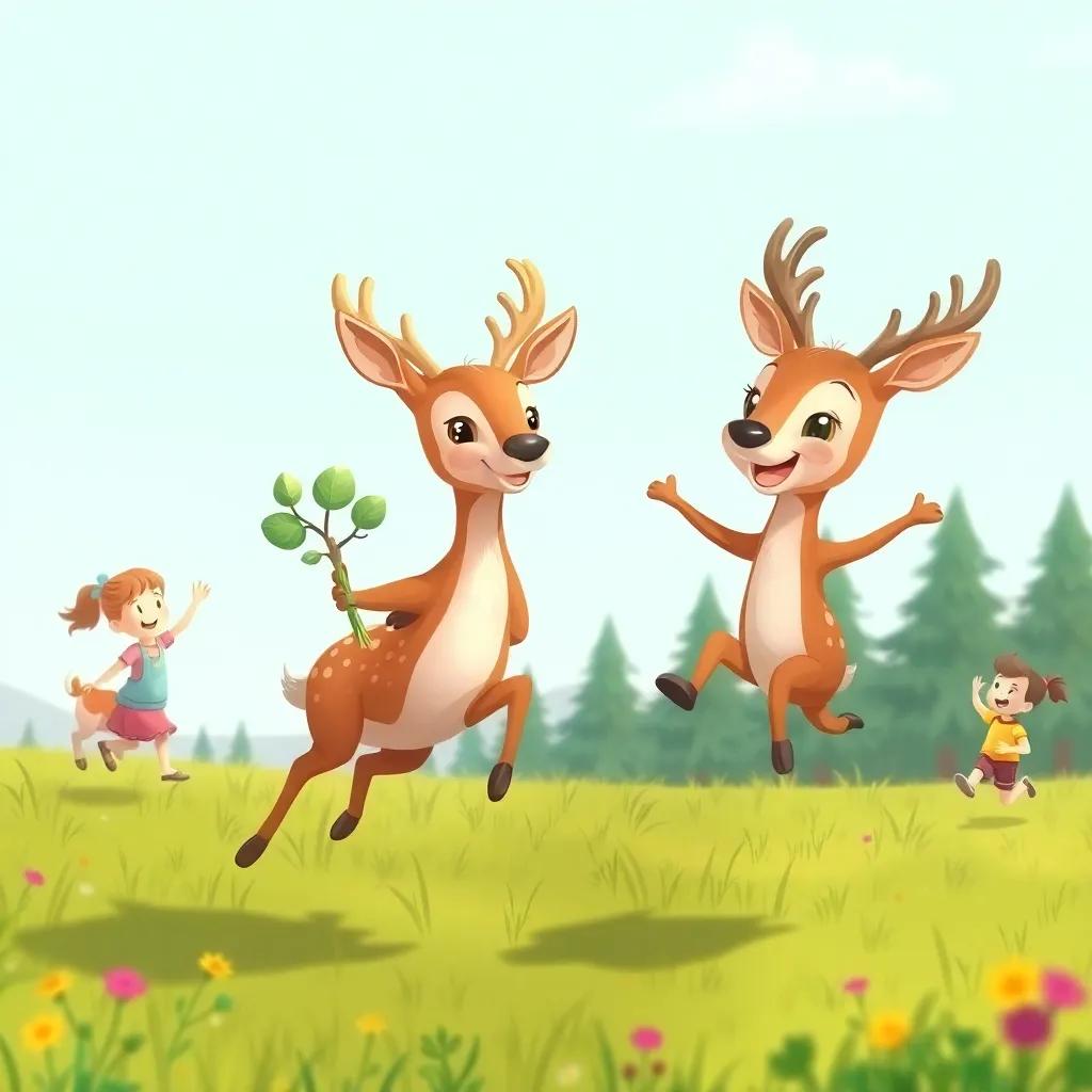 A cute deer happily discussing planting trees and organizing a race for children, jumping energetically in a meadow, colorful illustration, joyful scene, high quality