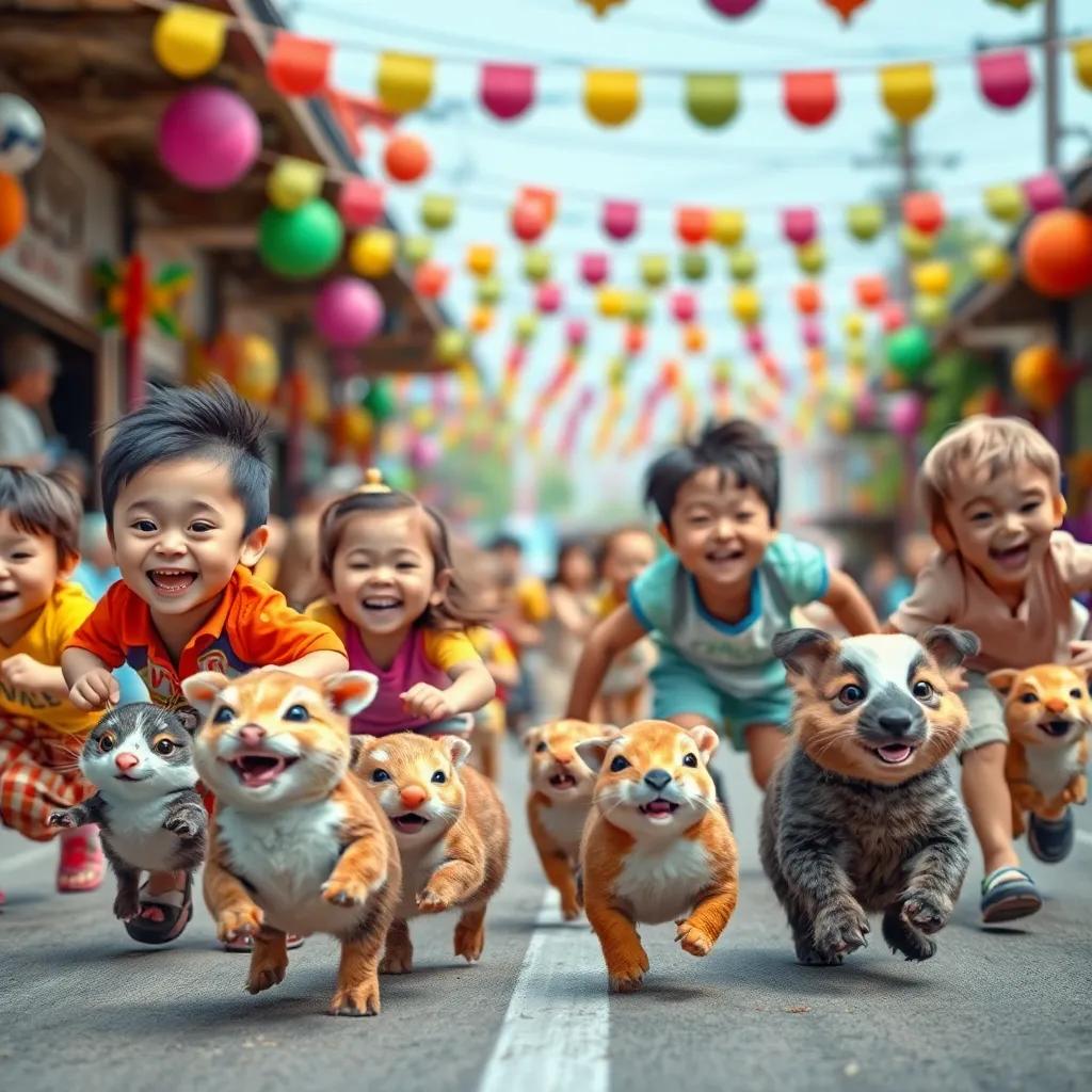 A lively race between children and small animals, with happy faces and colorful decorations in the background, digital art, vibrant colors, energetic atmosphere, high quality