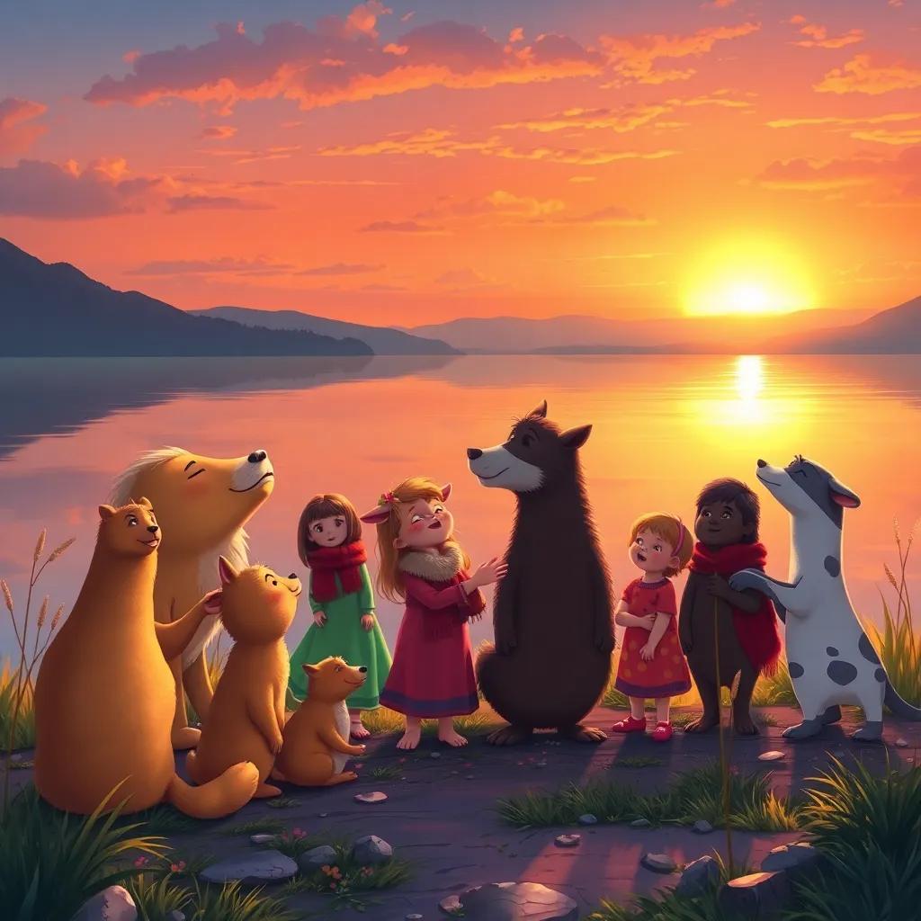 Animals and children singing a song together near the lake as the sun sets, perfect reflection on the water, joyful gathering, heartwarming illustration, magical colors, high quality