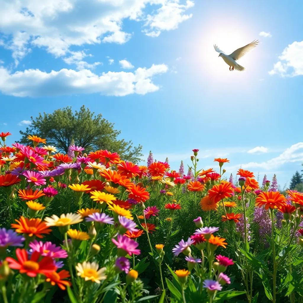 A bright morning in a beautiful nature reserve with colorful flowers, a dove soaring in the sky, digital art, warm sunlight, vivid colors, high detail, hope
