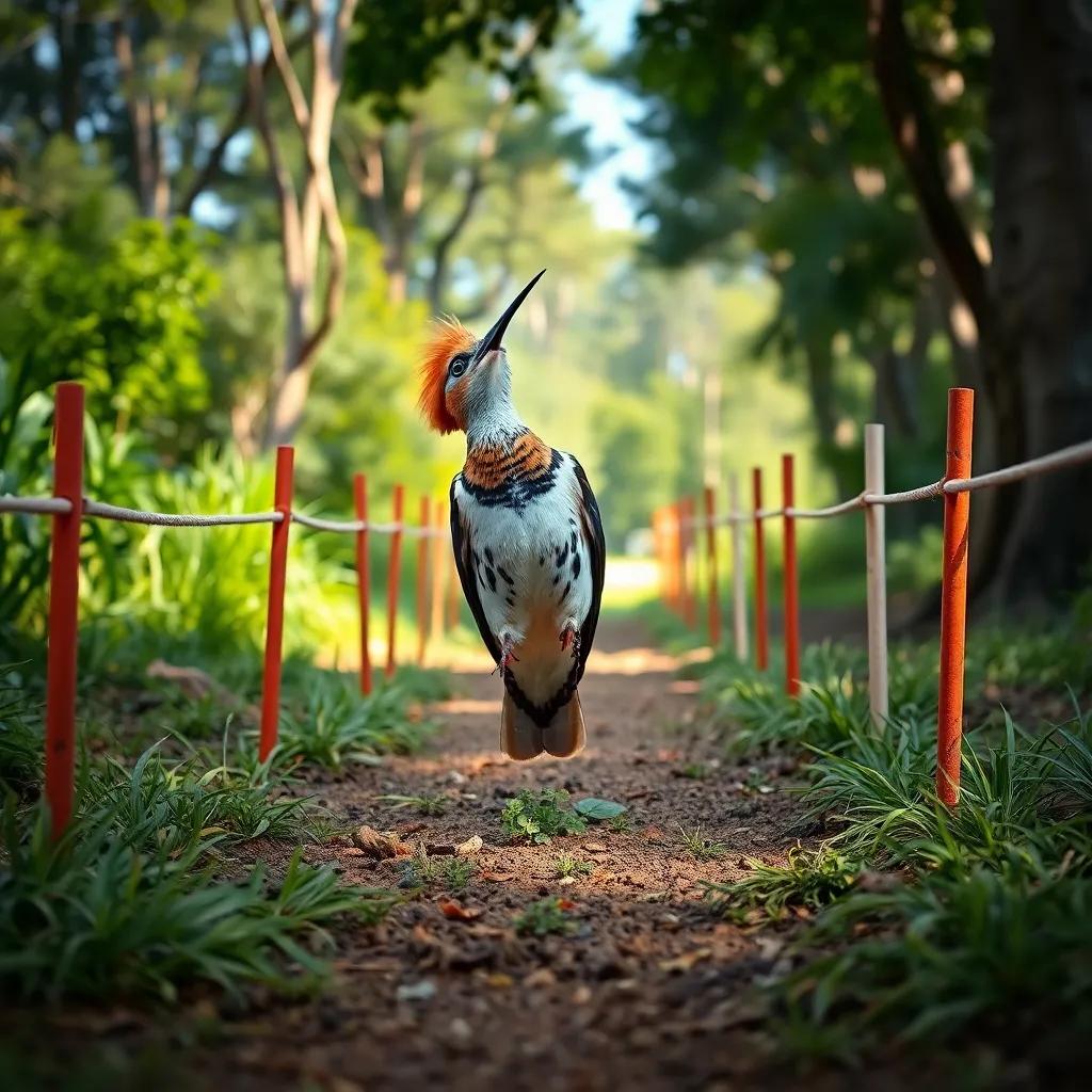 A hoopoe setting up racing barriers in a lush reserve, excited dove approaching it, cheerful atmosphere, natural colors, perspective view, engaging portrait