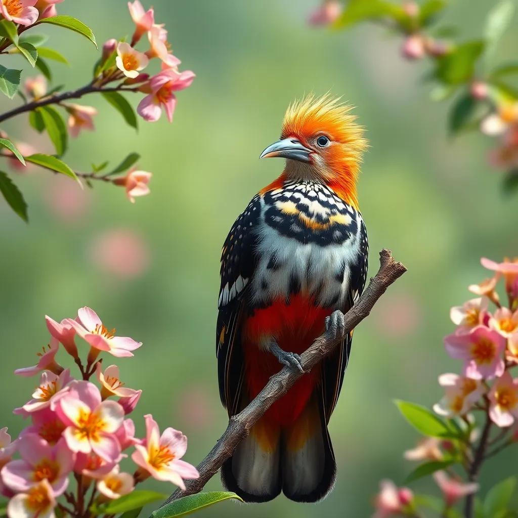 A hoopoe perched on a small tree branch looking sad, amidst greenery and blooming flowers, emotional expression, bright colors, storytelling image, inviting scenario