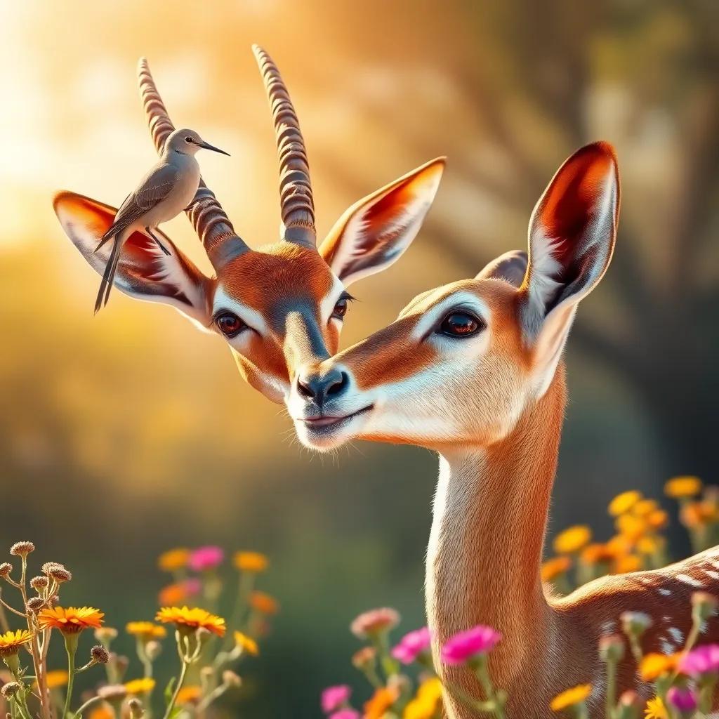A charming gazelle smiling at the hoopoe and dove, under sunlight, surrounded by wildflowers, serene expression, warm colors, soft focus, uplifting scene