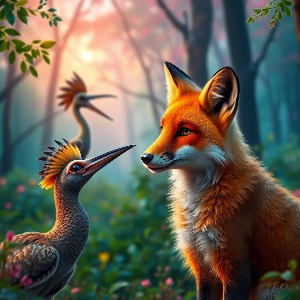 A wise fox speaking to the hoopoe and gazelle in a vibrant forest setting, thoughtful expression, rich colors, close-up view, wisdom and friendship