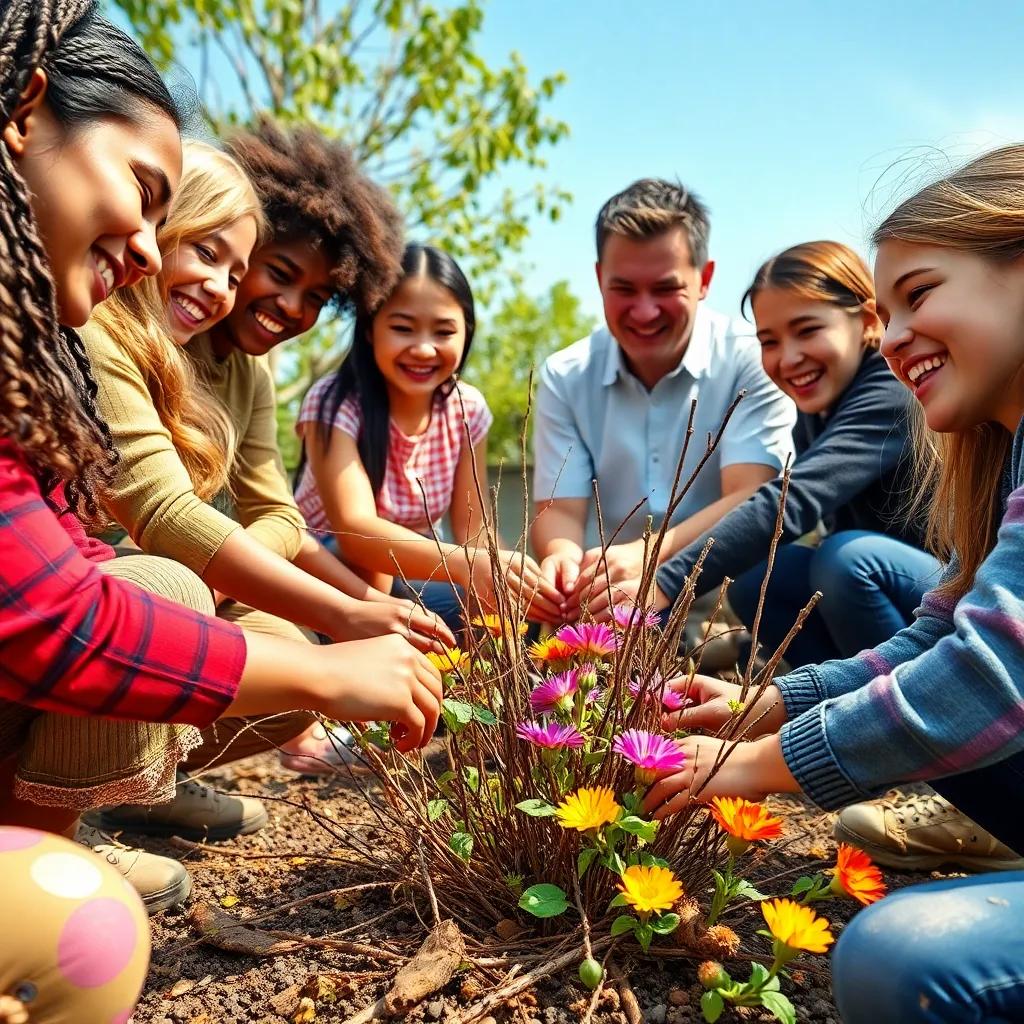 A colorful gathering of friends working together, weaving twigs and planting new flowers, joyful expressions, bright colors, fun angle, collaboration theme