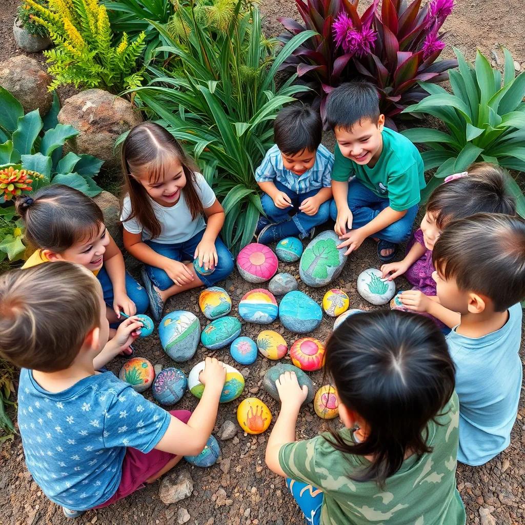 Children painting nature-themed rocks in a circle, laughing and having fun near a variety of plants, colorful artwork, lively atmosphere, community spirit