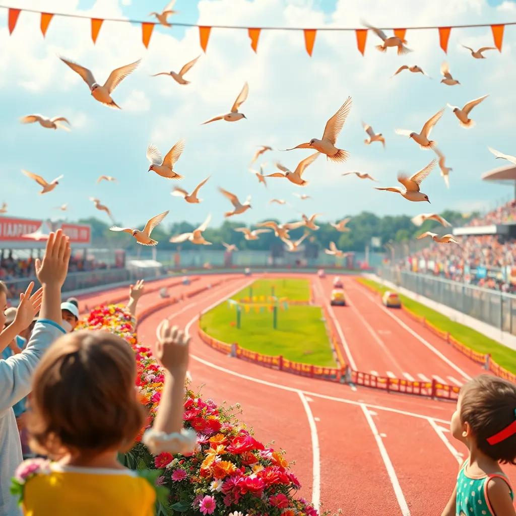 A festive scene with birds flying around a racing track, decorated with flowers, happy children cheering, bright and festive colors, celebration of nature, action shot