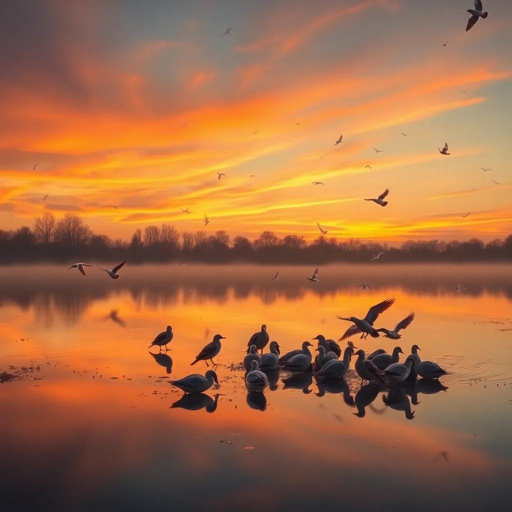 A lake at sunset with reflections of stars, birds singing happily, animals gathering around, tranquil atmosphere, warm and inviting colors, harmonious environment
