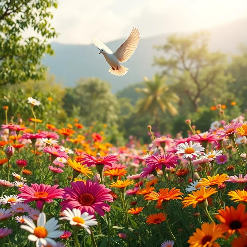 A beautiful morning in a wildlife reserve with colorful flowers, a happy dove flying above, digital art, vibrant colors, cheerful atmosphere, high quality