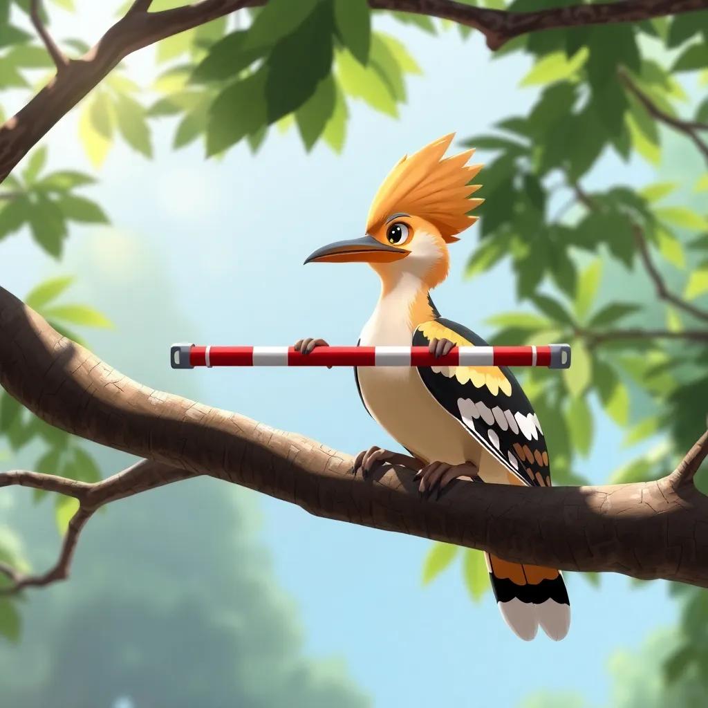 A hoopoe bird working on hurdles for a racing track, sitting on a tree branch, looking determined, sunlight filtering through leaves, nature background, detailed illustration