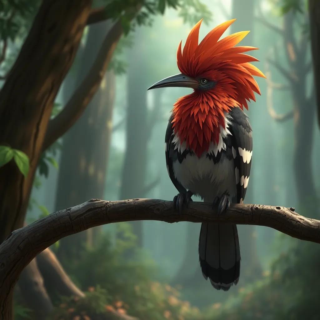 A sad hoopoe sitting on a branch looking down, with a forest background and hints of destruction visible, emotional tone, realistic art style, captivating