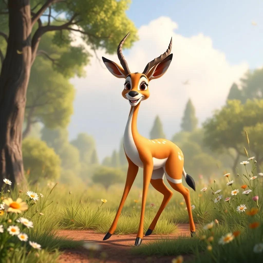 A graceful gazelle stepping forward confidently, offering a solution with a warm smile, surrounded by trees and wildflowers, digital artwork, inviting