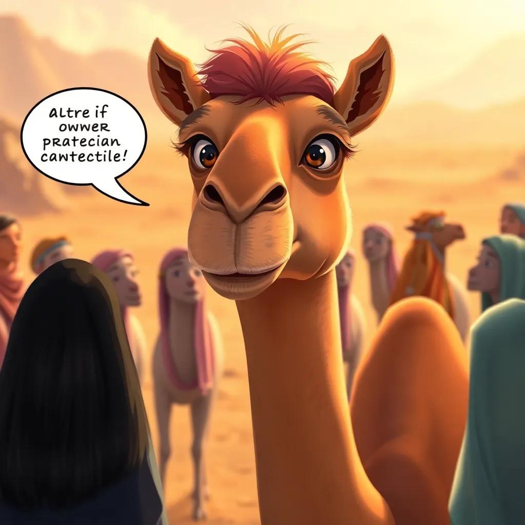 A wise camel with thoughtful eyes sharing ideas about creating barriers for protection, in the center of a gathering, warm light, charming landscape, illustration