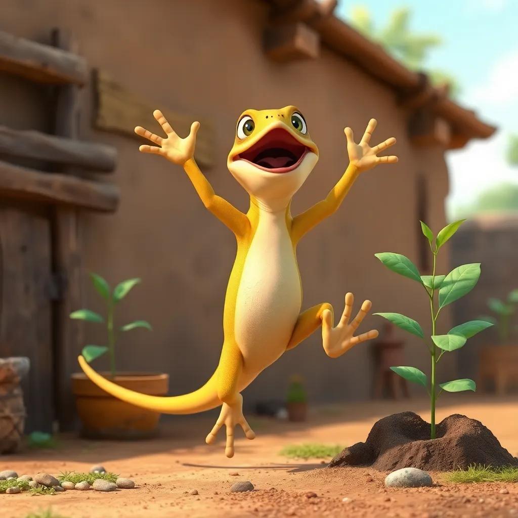 A lively lizard jumping excitedly, ready to help plant new trees, set against a rustic backdrop, playful style, colorful and engaging, high detail
