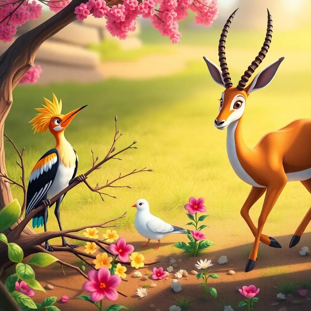 A teamwork scene with a hoopoe collecting branches, a dove cleaning the area, and a gazelle planting flowers, vibrant colors, positive energy, artistic