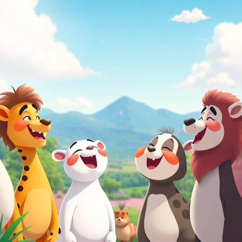 A cheerful group of animals singing a song together, with bright skies and a beautiful backdrop of the reserve, joyful atmosphere, animated art style