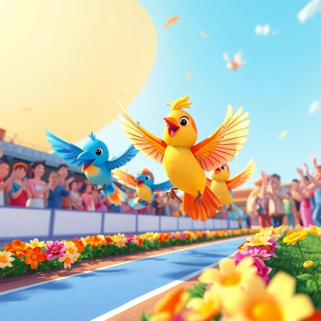 Birds flying in a racing competition, colorful and cheerful, flowers lining the racing track, excited crowd clapping and cheering, festive art style