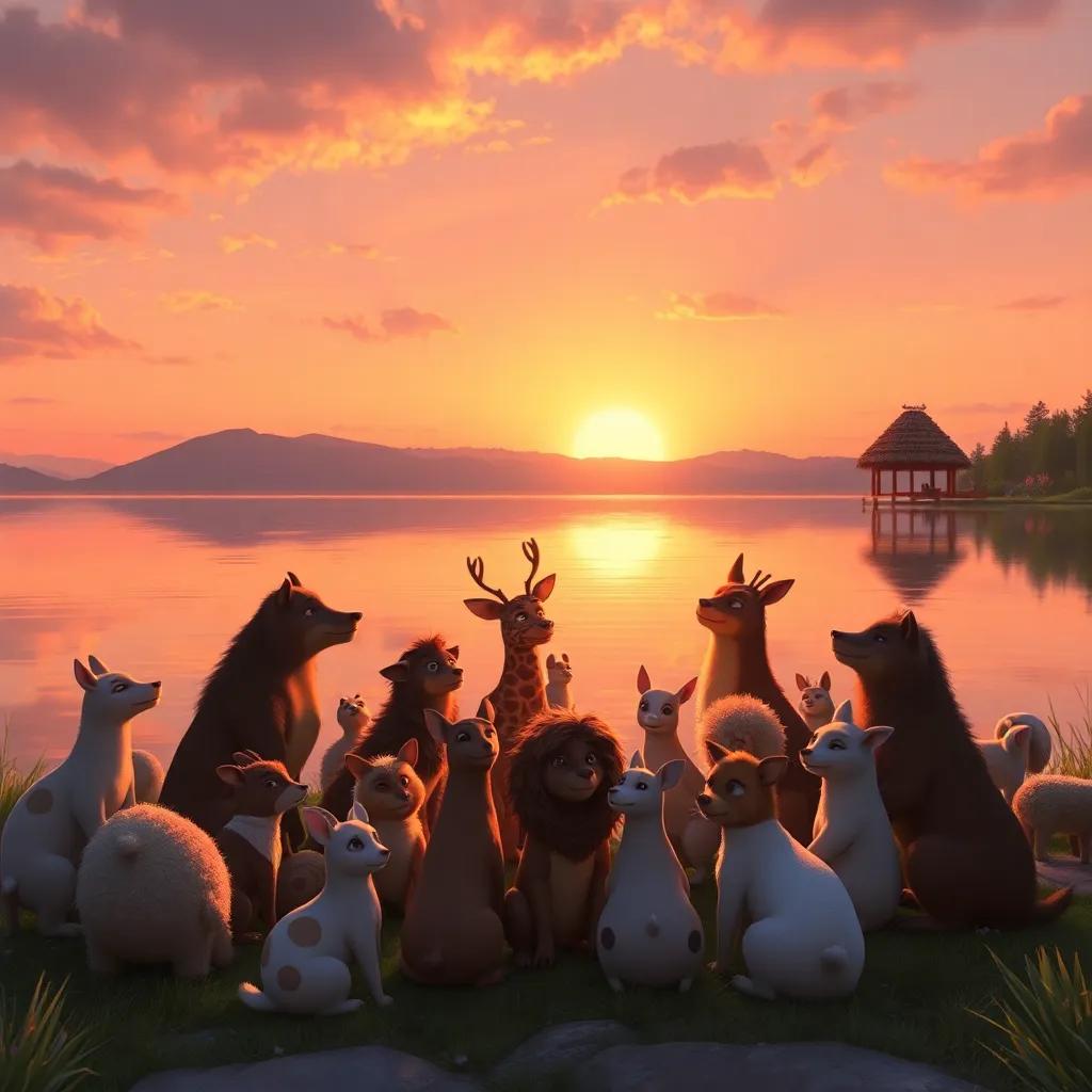 A sunset scene by the lake, animals gathered in celebration with reflections on the water, serene and beautiful atmosphere, soft colors and delightful detailing