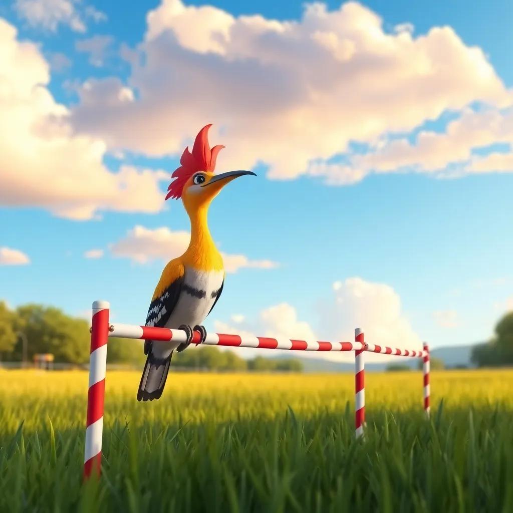 A cheerful morning scene in a nature reserve with a beautiful sky, showing a hoopoe bird placing barriers for a bird race track, digital art, bright colors, a sense of wonder, high quality
