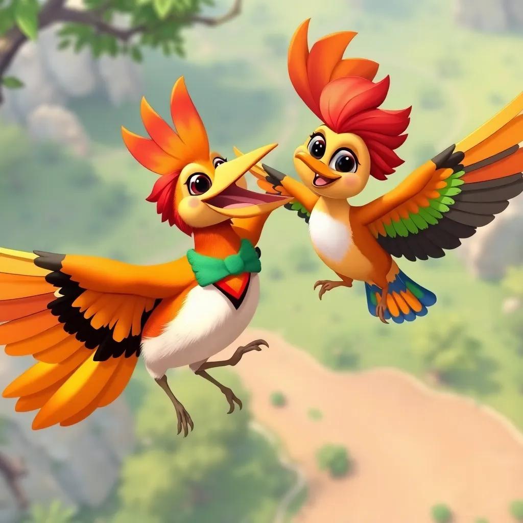 A joyful hoopoe bird and a friendly lady bird, with the lady bird in vibrant clothing and the hoopoe with colorful feathers, flying together above the reserve, illustration, cheerful atmosphere, child-friendly perspective, high quality