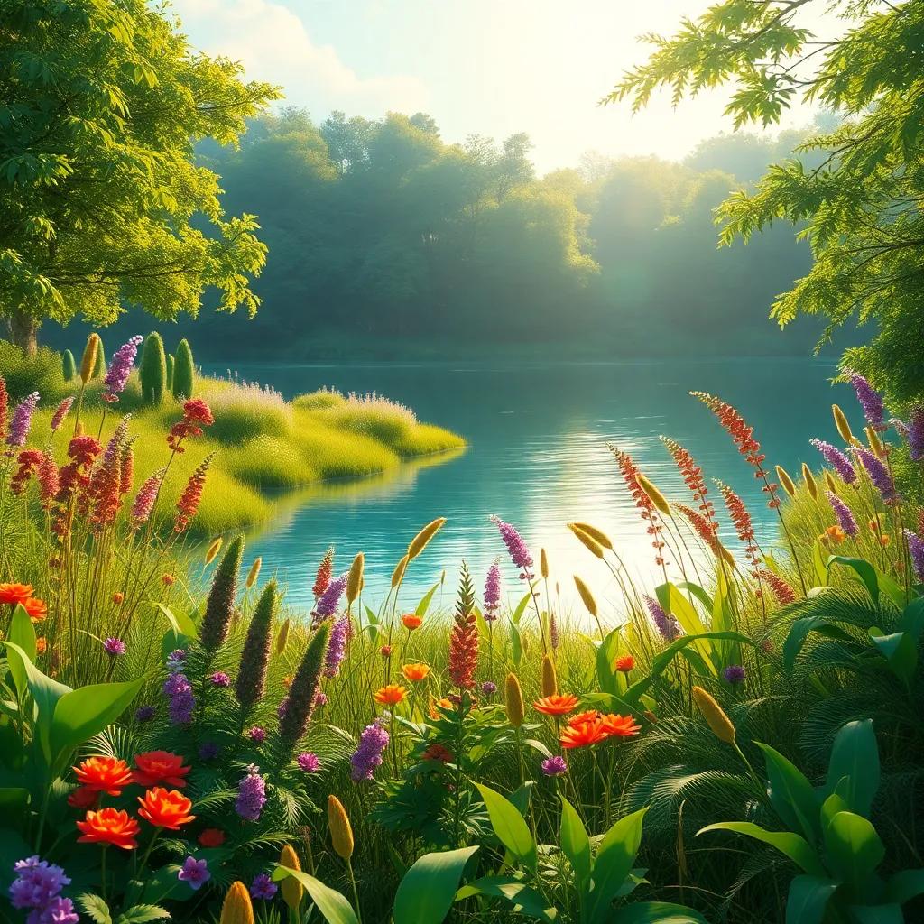 A colorful landscape of the nature reserve filled with wild plants and a serene lake, digital painting, lush greenery, soft sunlight reflecting off the water, high quality