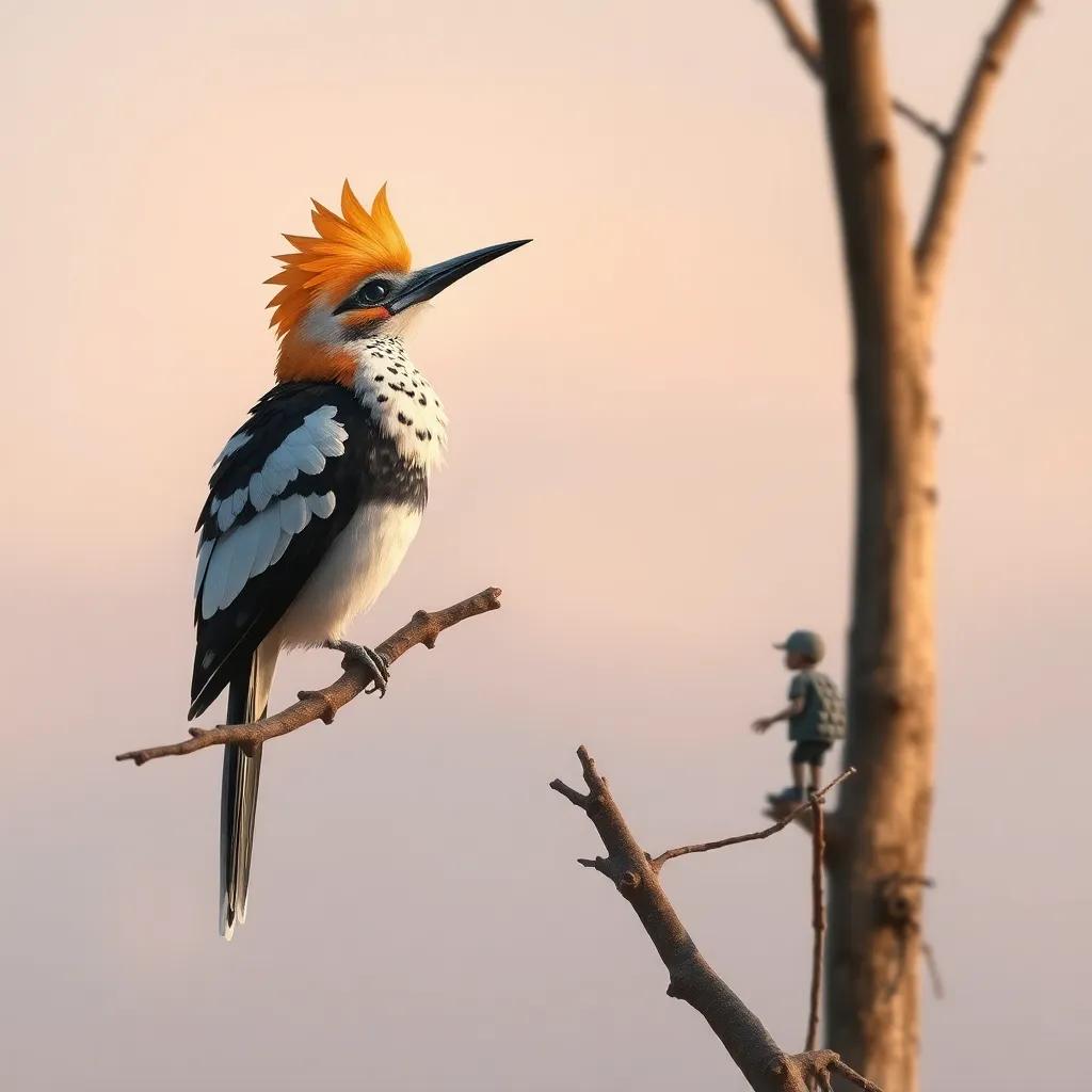 A sad hoopoe bird perched on a small tree branch, looking down at people damaging the reserve, detailed digital art, somber mood, warm colors, high quality