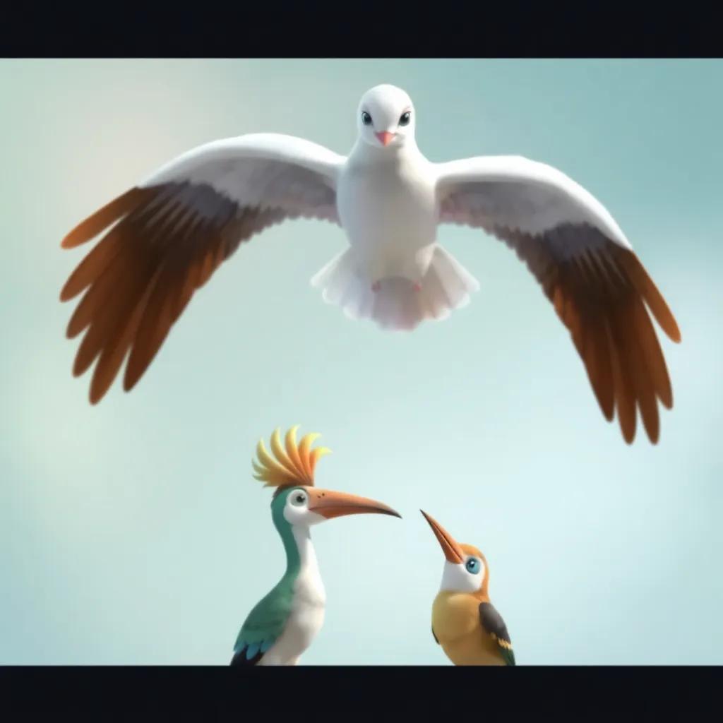 A beautiful dove hovering above a conversation between the hoopoe and the lady bird, with a calm and reassuring smile, digital art, gentle colors, soft focus, high quality