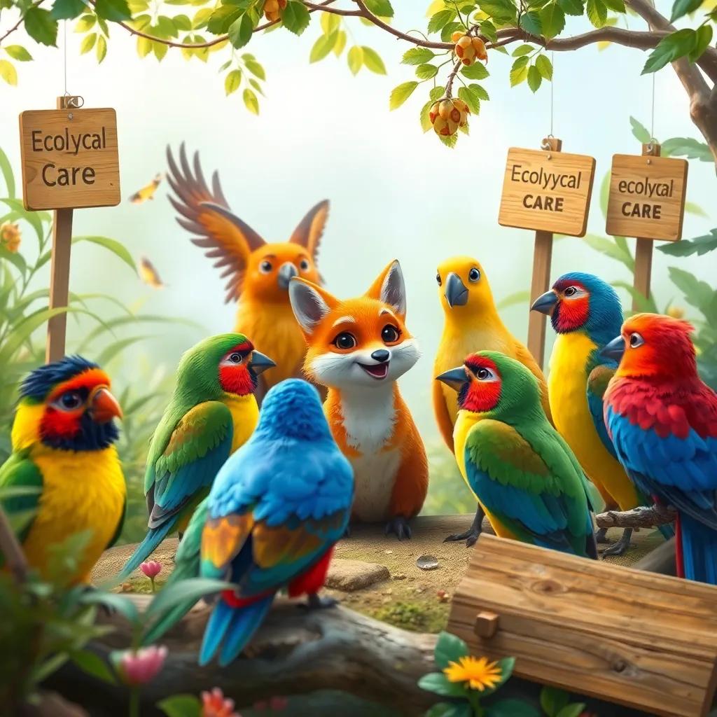 A gathering of colorful birds with a wise fox in a nature meeting setting, surrounded by plants and signs of ecological care, digital art, lively colors, engaging atmosphere, high quality
