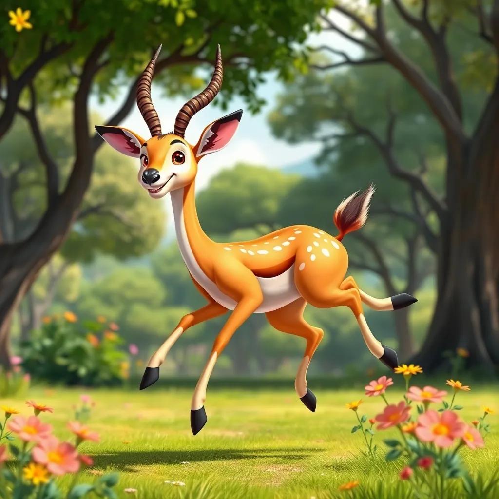 A cute gazelle bouncing happily and suggesting fun activities, surrounded by trees and flowers in the reserve, digital art, vibrant colors, dynamic composition, high quality