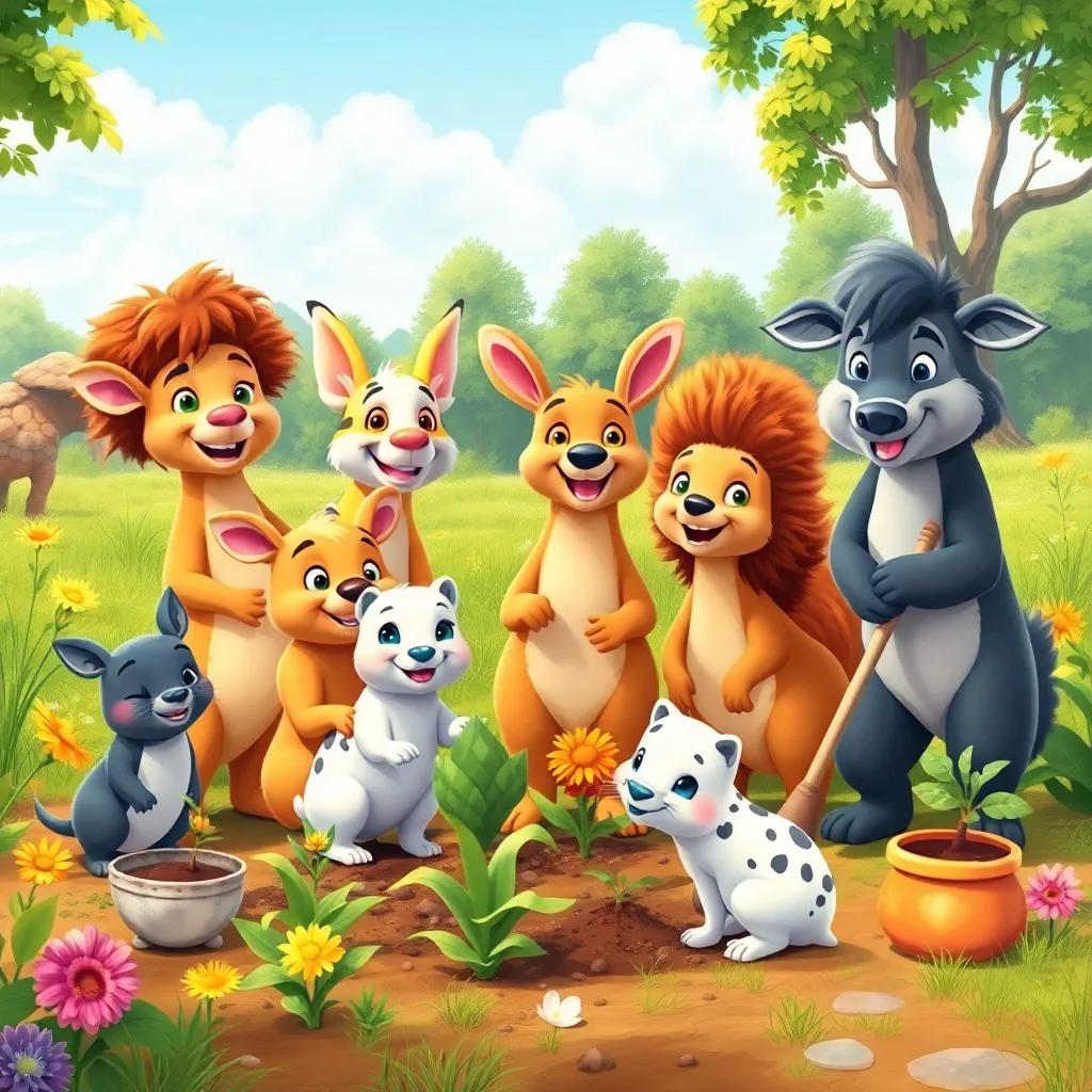 A group of happy animals working together in the reserve, planting, cleaning, and painting cheerful nature scenes, digital painting, bright and colorful, joyful teamwork, high quality