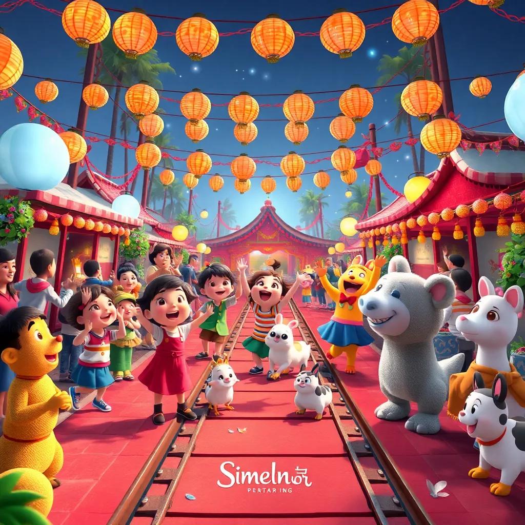 A jubilant festival scene with children and animals celebrating around a beautiful track, surrounded by colorful decorations, digital art, festive colors, lively atmosphere, high quality