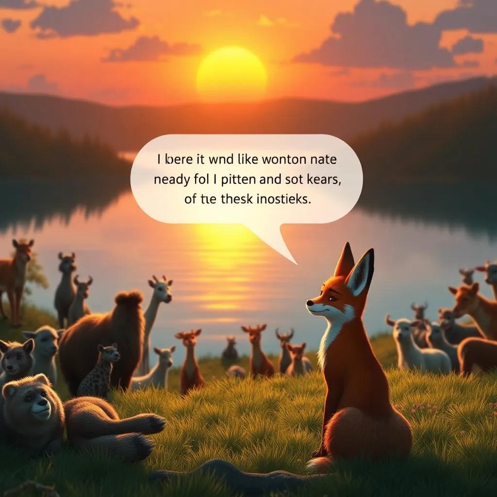 A sunset over the lake with animals gathered, a thoughtful fox speaking with pride about their conservation efforts, glowing colors, peaceful mood, high quality