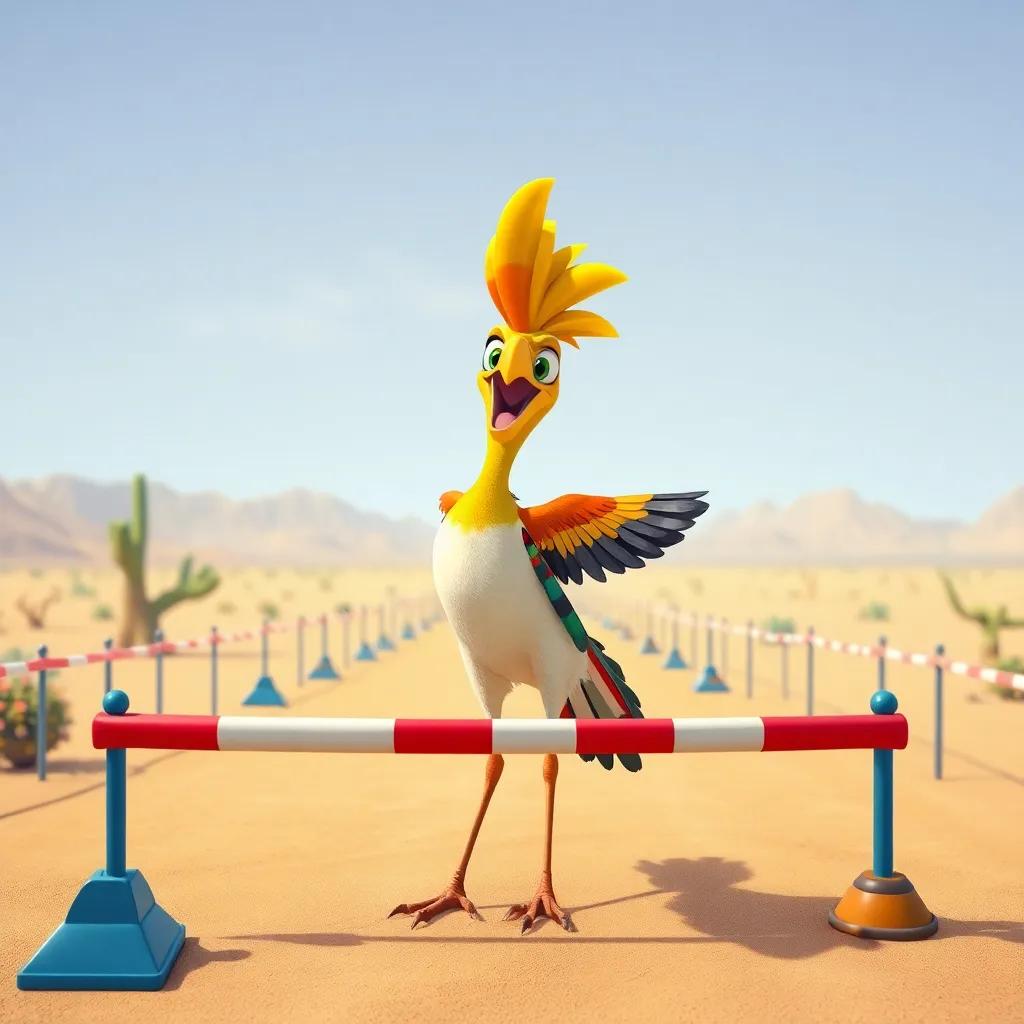 A joyful hoopoe bird organizing a bird race track with colorful barriers in the desert, cheerful, whimsical style, bright colors, high quality