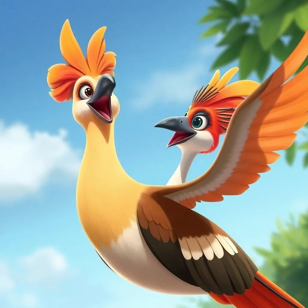 Um Salem, a cheerful bird friend, flying next to the hoopoe bird, admiring the scenery, digital painting, detailed, uplifting mood, high quality