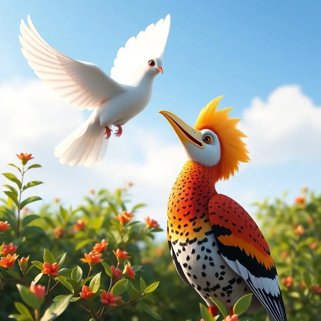 A beautiful dove flying above, addressing the hoopoe and Um Salem with a warm smile, surrounded by greenery, bright colors, heartwarming, high quality
