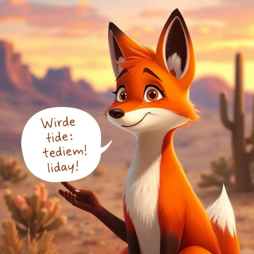 A wise fox with a thoughtful expression offering ideas, wise and warm, in a desert landscape, digital art, detailed, whimsical, high quality