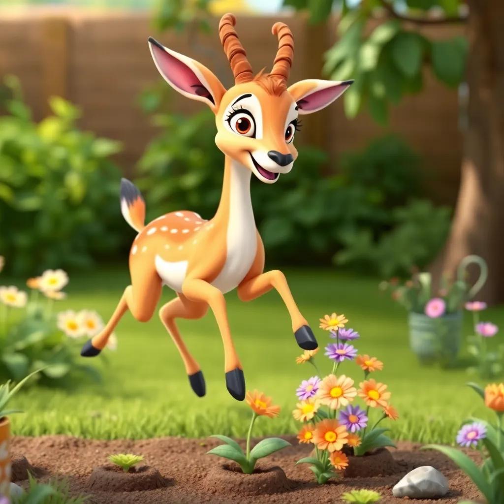 A gentle gazelle participating in gardening, planting flowers, jumping playfully in a green area, cheerful, animated style, bright colors, high quality