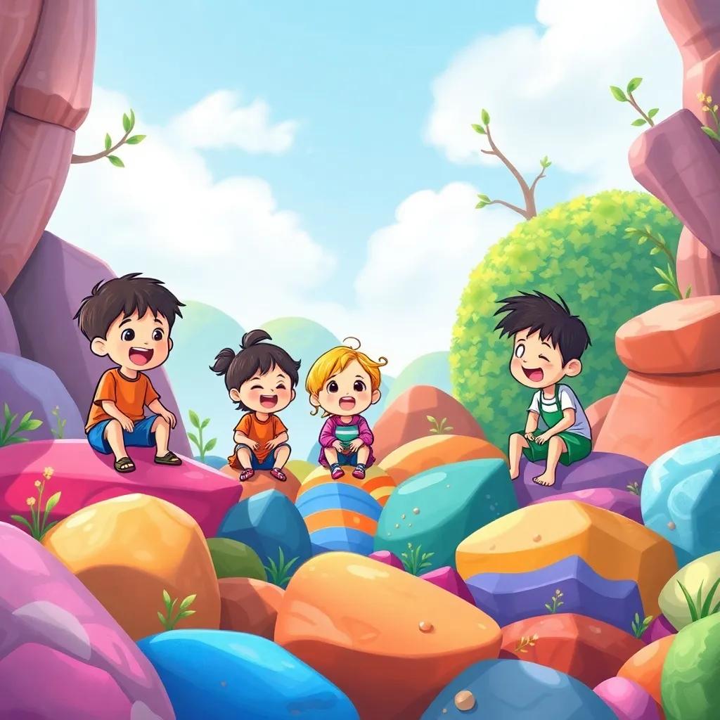 Children drawing nature scenes on colorful rocks, surrounded by laughter and joy, playful atmosphere, cheerful style, bright colors, high quality